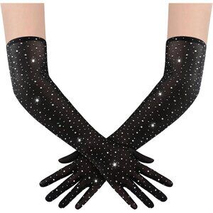 Women's Rhinestone Black Sparkly Elbow Length Mesh Long Gloves Party Accessory